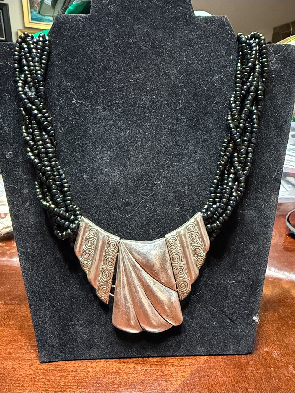 Artisan Black Beaded Necklace with Silver-Tone Pendant